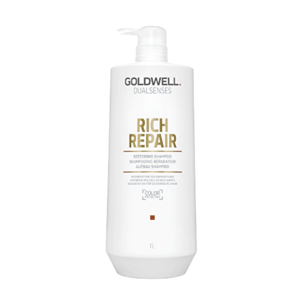 Flacone di shampoo bianco con dosatore. Scritta: GOLDWELL, DUALSENSES, RICH REPAIR. Testo: Restoring Shampoo. 1L.