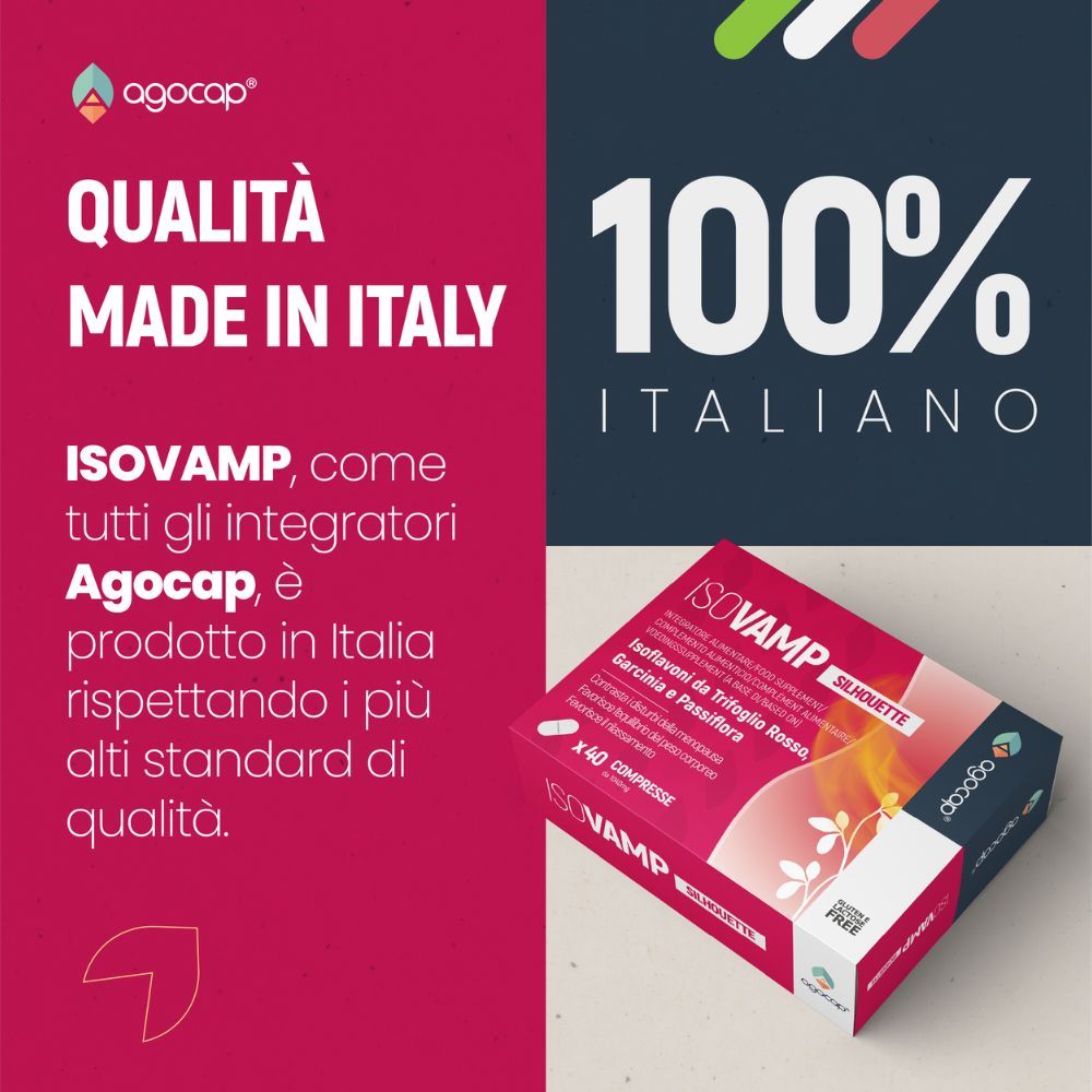 Confezione del prodotto e testo. Qualità Made in Italy. IsoVamp, come tutti gli integratori Agocap, è prodotto in Italia.