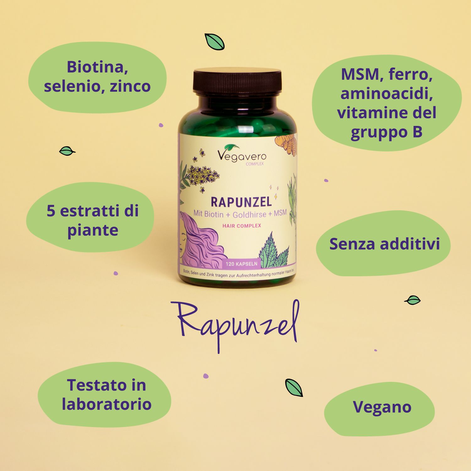 Flacone di capsule, circondato da informazioni. Contiene biotina, selenio, zinco, MSM, ferro, aminoacidi, vitamine B. Marchio: Vegavero.