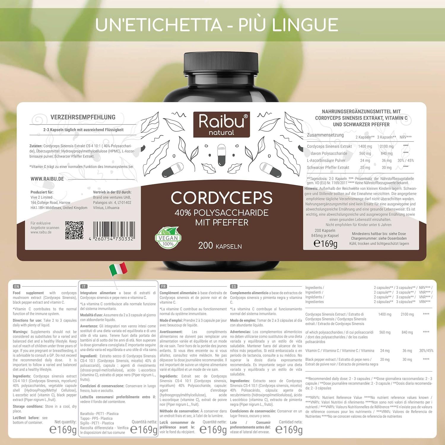 Cordyceps Capsule 700 mg Alto Dosaggio - RAIBU