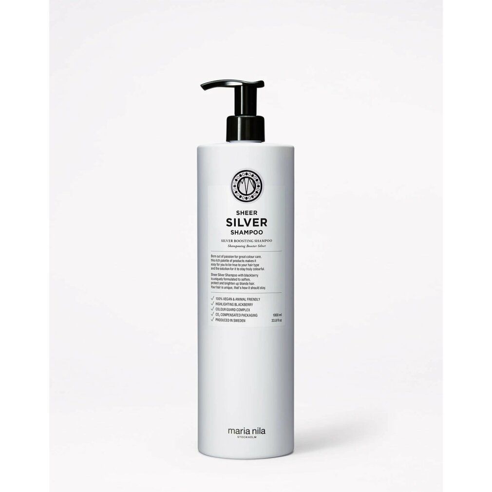 Flacone bianco con pompa per Maria Nila Sheer Silver Shampoo. Contiene un elenco di benefici e ingredienti.