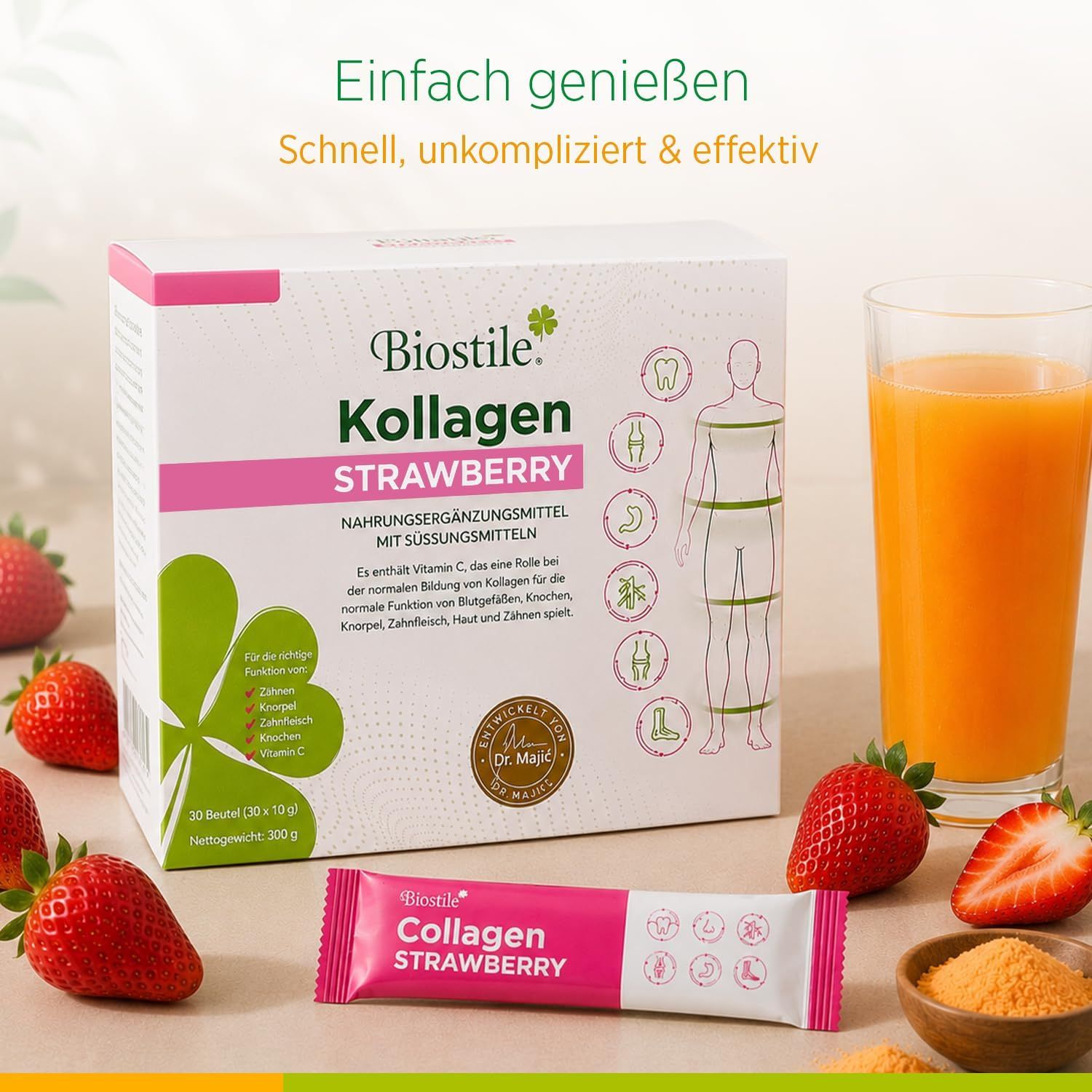 Scatola Biostile Collagen Strawberry, bustina, fragole e bicchiere di succo d'arancia.