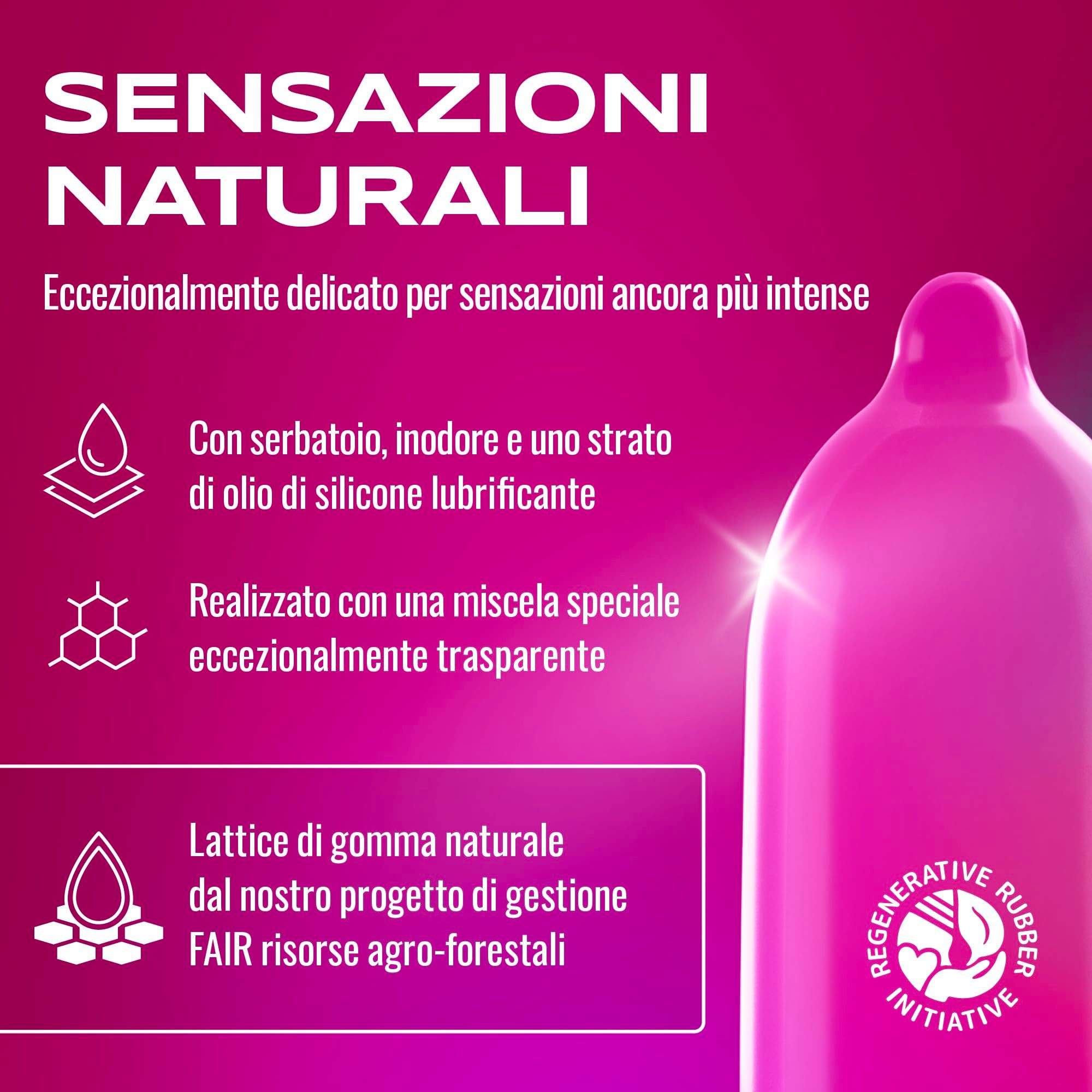 Preservativo rosa con serbatoio, inodore, in lattice di gomma naturale.