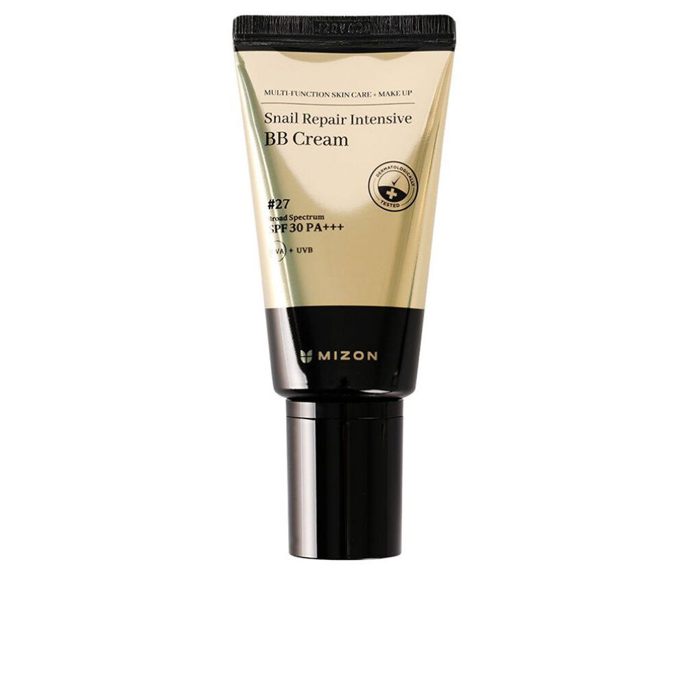 Tubo di BB Cream. Oro e nero. Testo: Snail Repair Intensive BB Cream, SPF30 PA+++, Mizon. Tonalità #27.