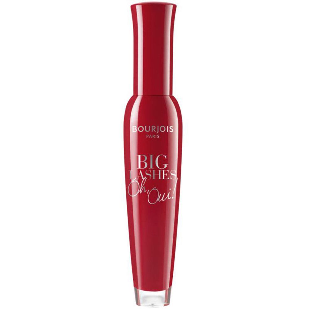 Mascara rosso. Testo: Bourjois Paris, Big Lashes Oh Oui. Base trasparente.