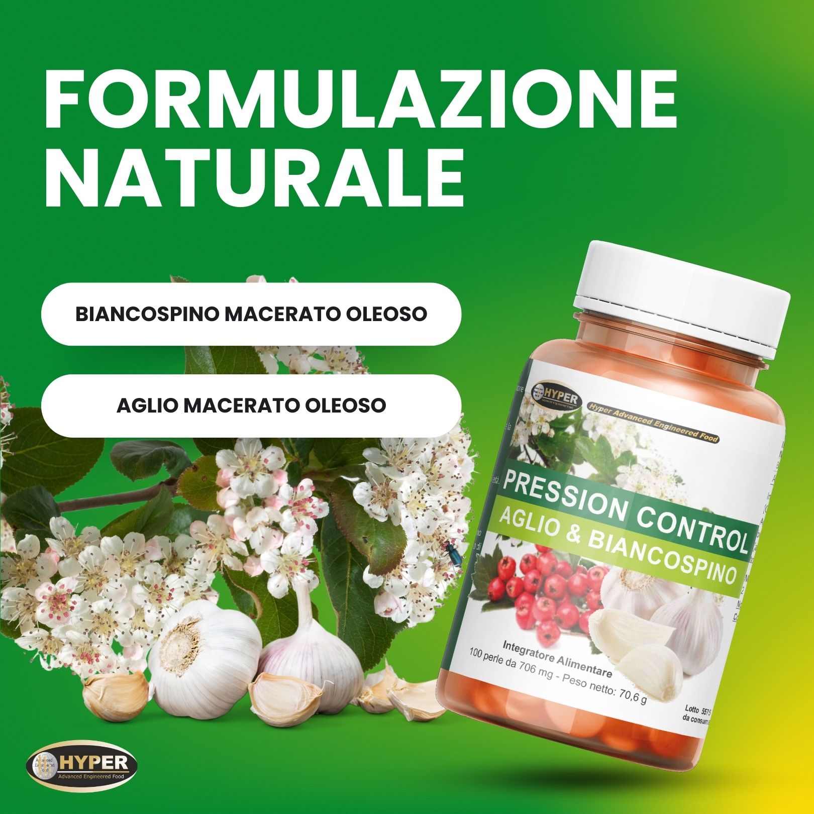 Flacone marrone con capsule. Scritta: Pression Control Aglio & Biancospino. Illustrazione di aglio, biancospino e bacche.