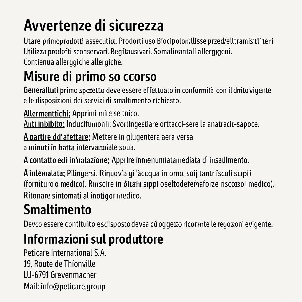 Testo: Avvertenze di sicurezza e misure di primo soccorso. Informazioni sull'uso, il contatto con la pelle, gli occhi, l'ingestione e lo smaltimento.