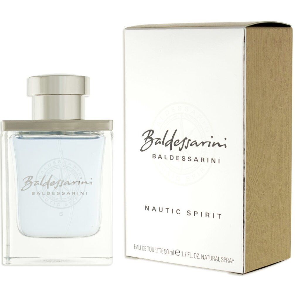 Baldessarini Nautic Spirit Eau de Toilette con confezione. Flacone e scatola. Testo: Nautic Spirit, Baldessarini.