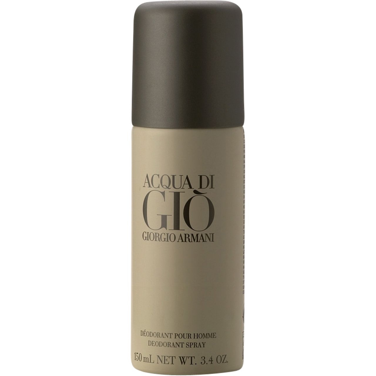 Spray deodorante. Contenitore beige con tappo marrone. Scritta: Acqua di Giò, Giorgio Armani. Testo: Déodorant pour homme.