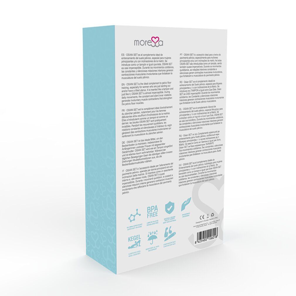 Retro della confezione del prodotto. Testo in più lingue, loghi per senza BPA, Kegel, ecc.