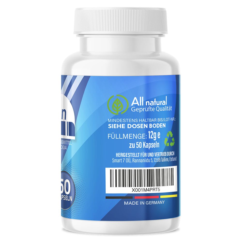 Retro di un flacone bianco con etichetta blu. Scritta: 50 capsule, 12g. All natural. Prodotto in Germania.