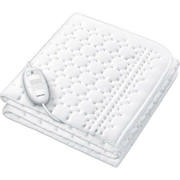 Coperta termica bianca piegata. Motivo a losanghe. Comando con logo Beurer.