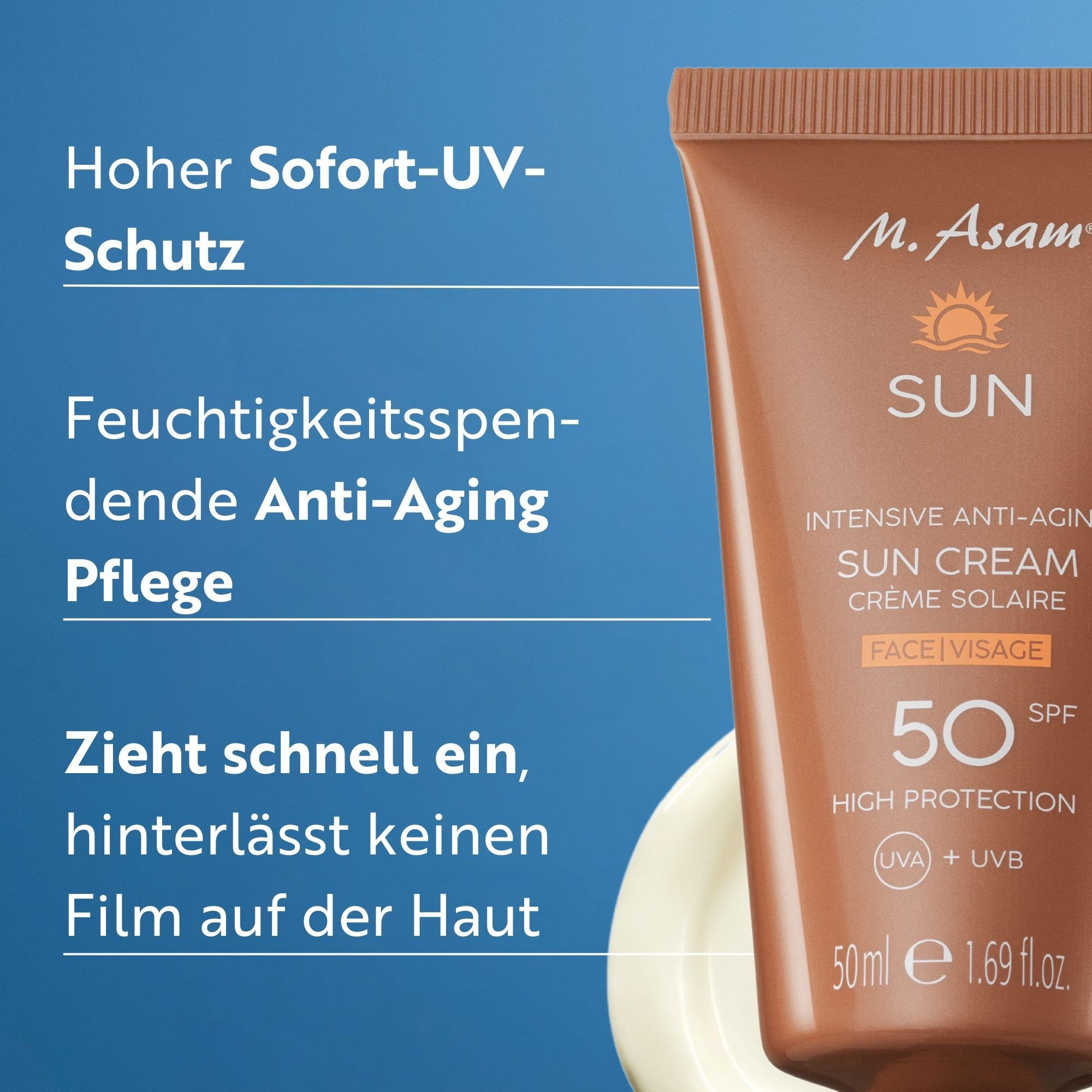 Tubo del prodotto con testo: M. Asam SUN, Intensive Anti-Aging Sun Cream, SPF 50. Testo: Alta protezione UV immediata, idratazione.