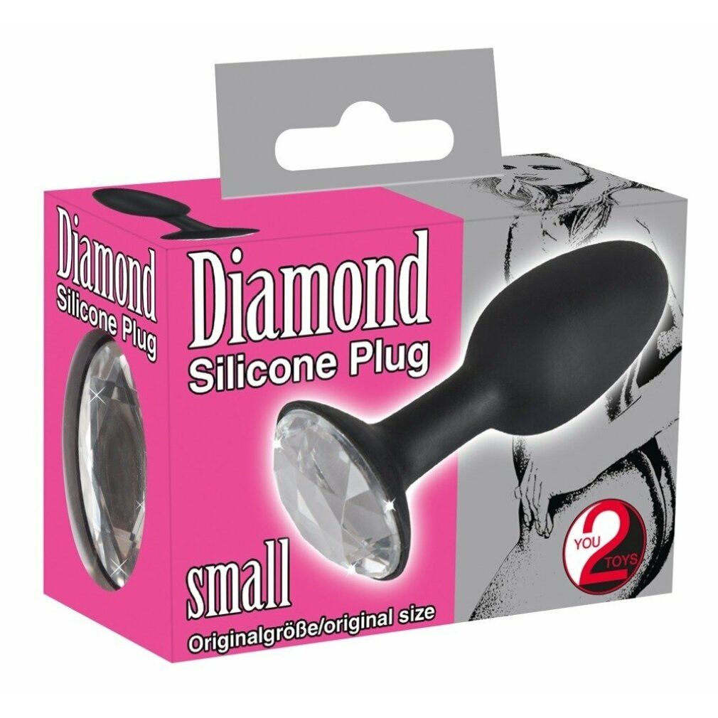 Plug anale in silicone nero con diamante e confezione. Scritta: "Diamond Silicone Plug", "small". Marchio: 2 TOYS.