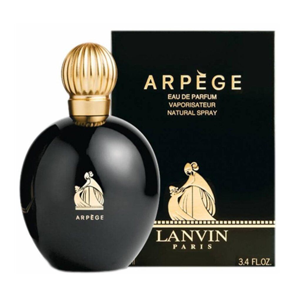 Flacone nero con tappo dorato e confezione. Scritta: Arpège, Eau de Parfum, Natural Spray. Marchio: Lanvin Paris.