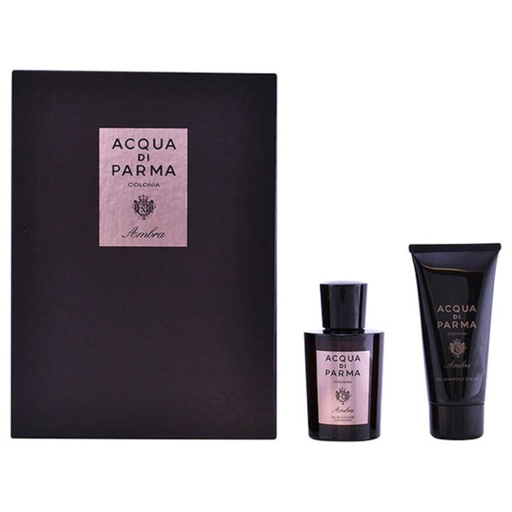 Set regalo nero con flacone e gel doccia. Logo e testo: Acqua di Parma Colonia Ambra.