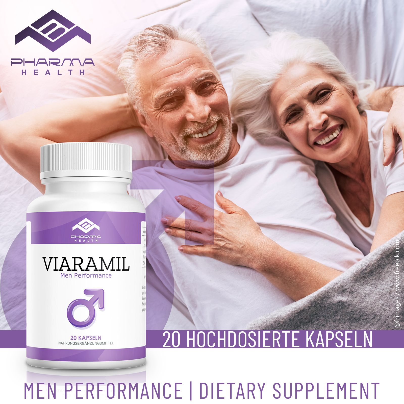 Flacone bianco, etichetta viola. Scritta: Viaramil Men Performance, 20 capsule. Logo: Pharma Health. Coppia a letto.