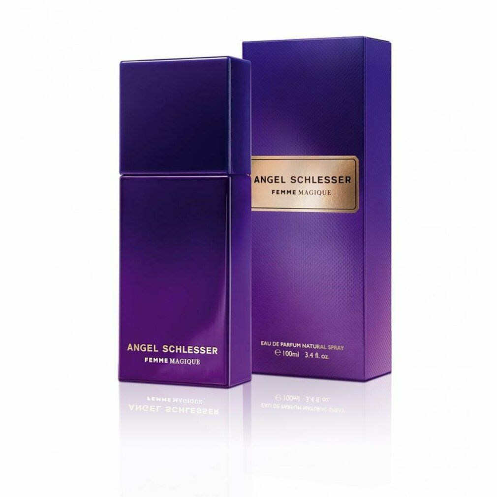 Flacone e confezione viola. Scritta: Angel Schlesser Femme Magique. Eau de Parfum.