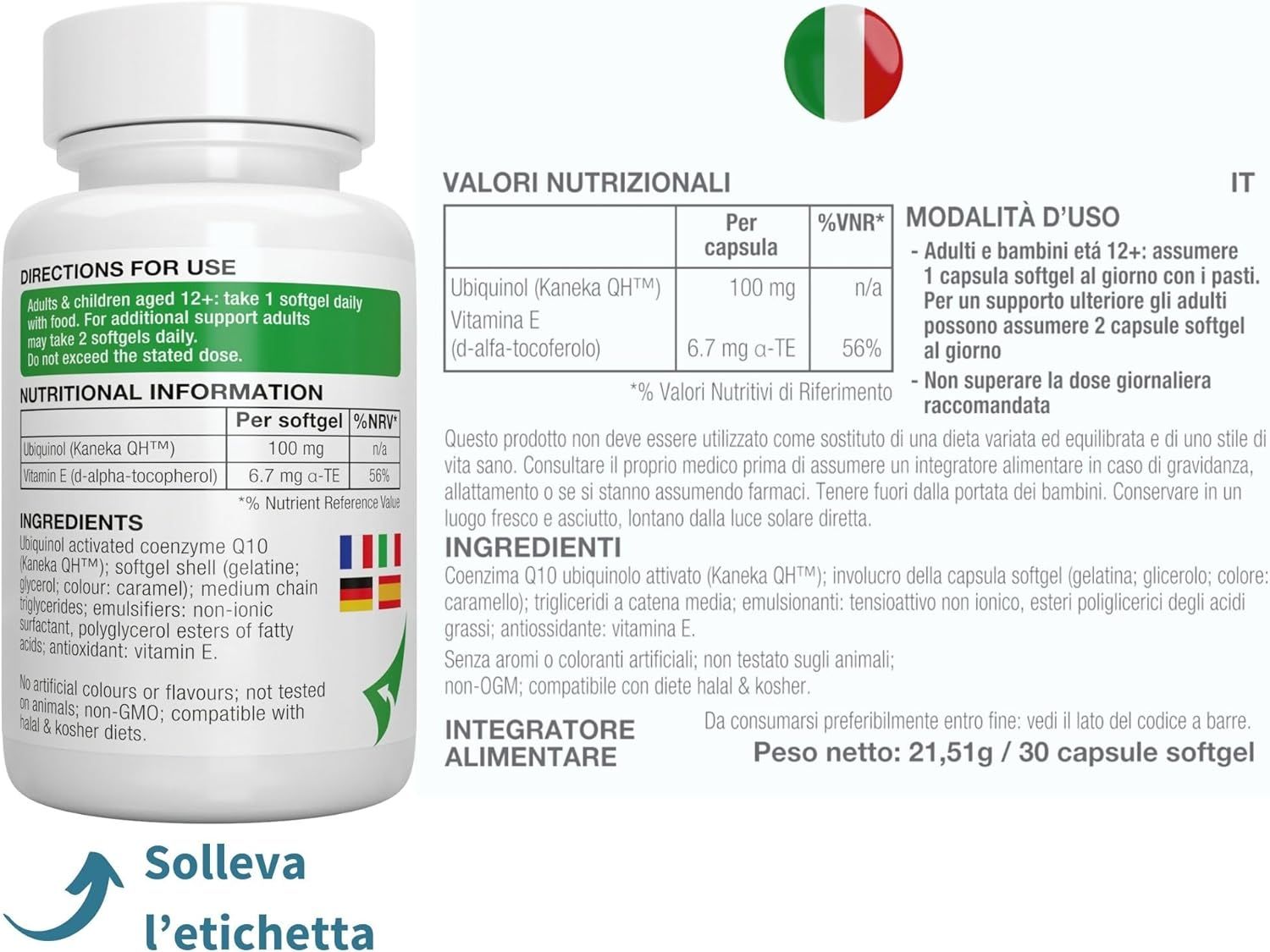 Retro di una bottiglia di Ubichinolo-QH con informazioni nutrizionali italiane e bandiera.