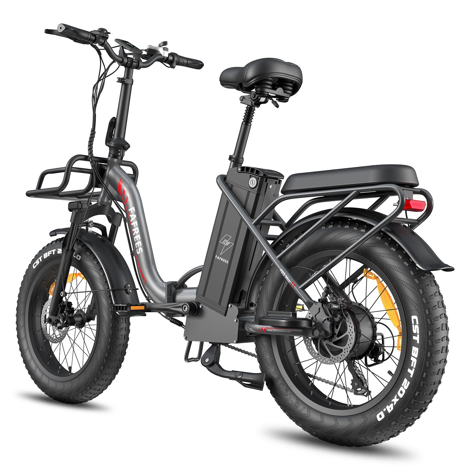 E-bike pieghevole con pneumatici larghi, portapacchi e batteria. Marchio FAFREES. Linea rossa sul telaio.
