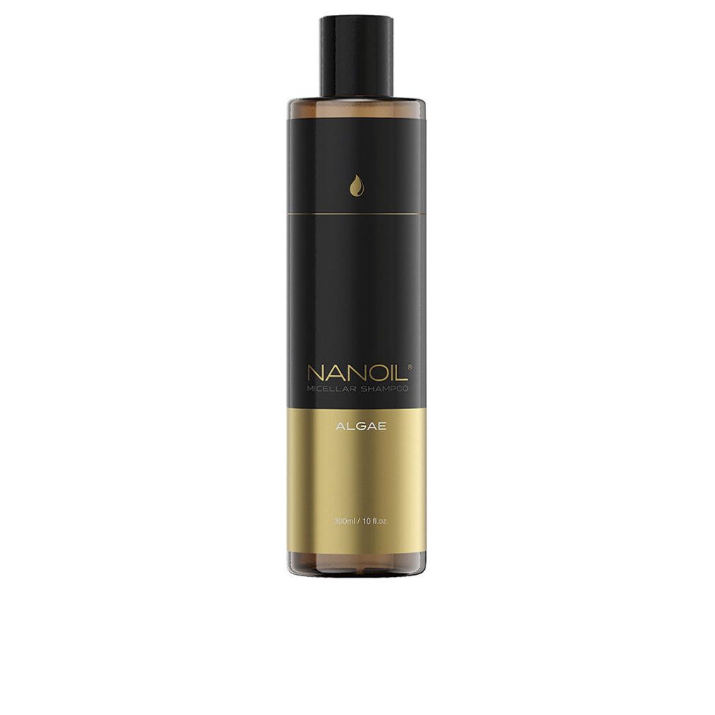 Flacone di shampoo micellare. Design nero-oro. Scritta: NANOIL, ALGAE.
