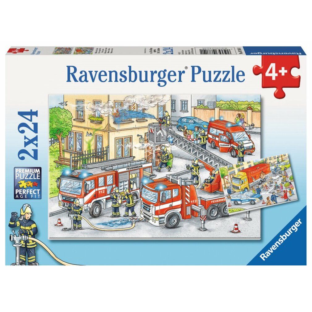 Scatola puzzle 2x24 pezzi. Tema: Vigili del fuoco in azione. Scritta: Ravensburger Puzzle, 4+ anni. Con Premium Perfect Age Fit.