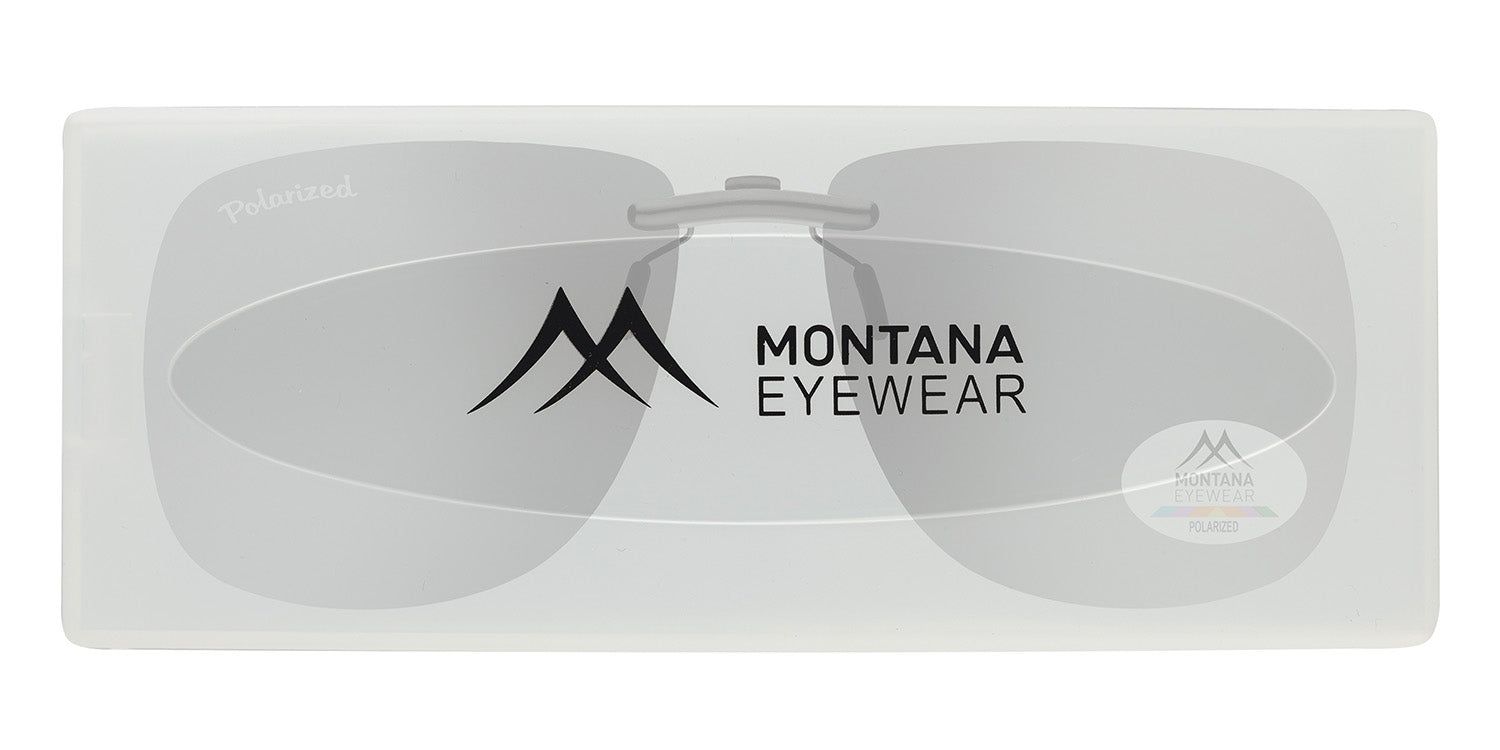 Clip-on in custodia trasparente. Logo Montana Eyewear. Scritta Polarized.