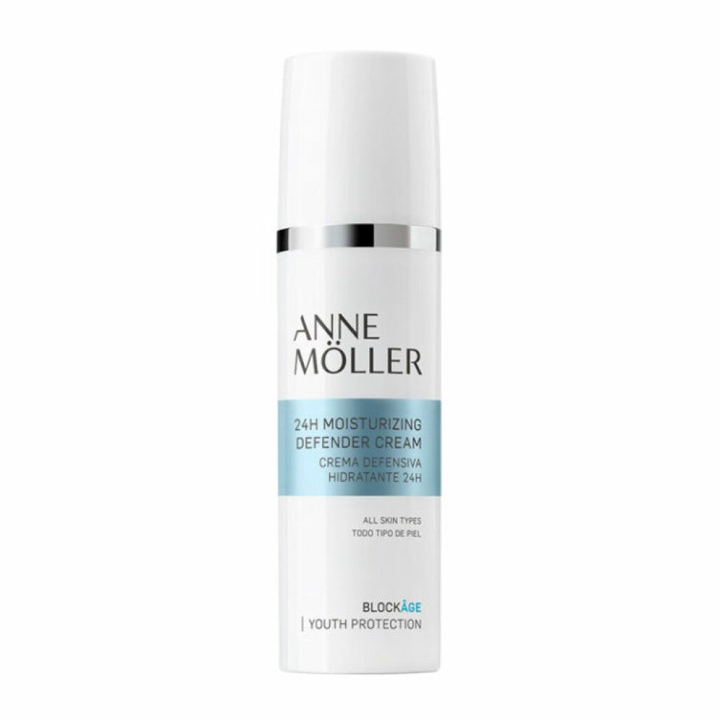 Flacone bianco con anello argentato, Crema Idratante Difesa 24h Anne Möller.