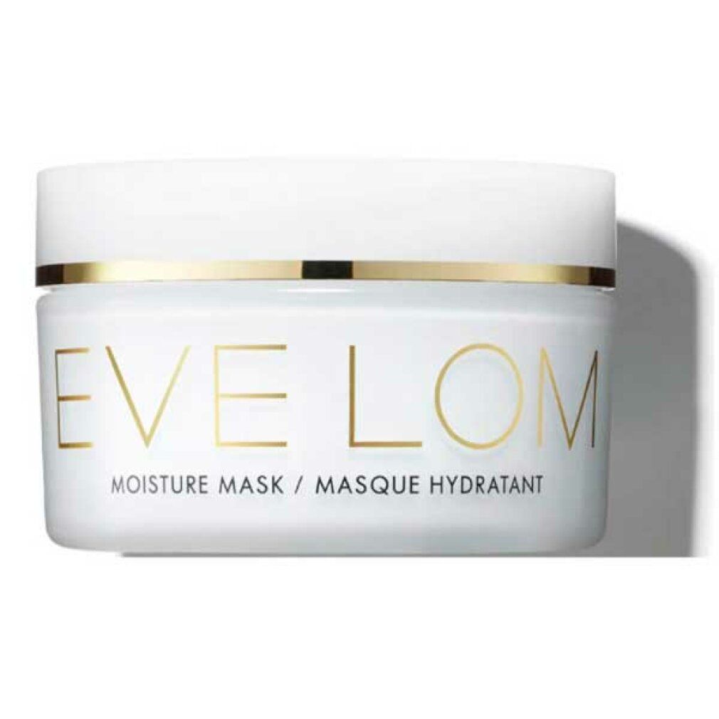 Vasetto bianco con bordo dorato e scritta EVE LOM. Scritta: MOISTURE MASK / MASQUE HYDRATANT.