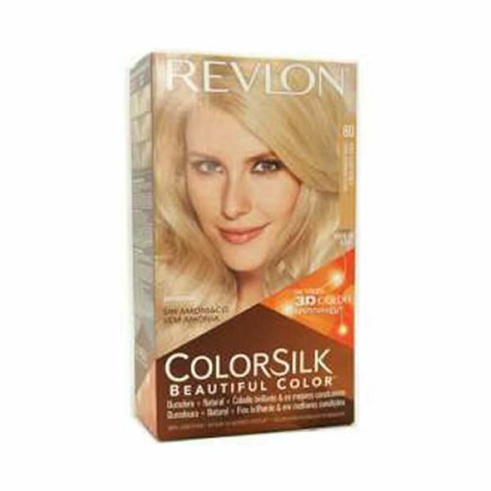 Confezione di tinta per capelli Revlon Colorsilk. Colore Light As Blonde. Immagine di donna bionda sulla confezione.