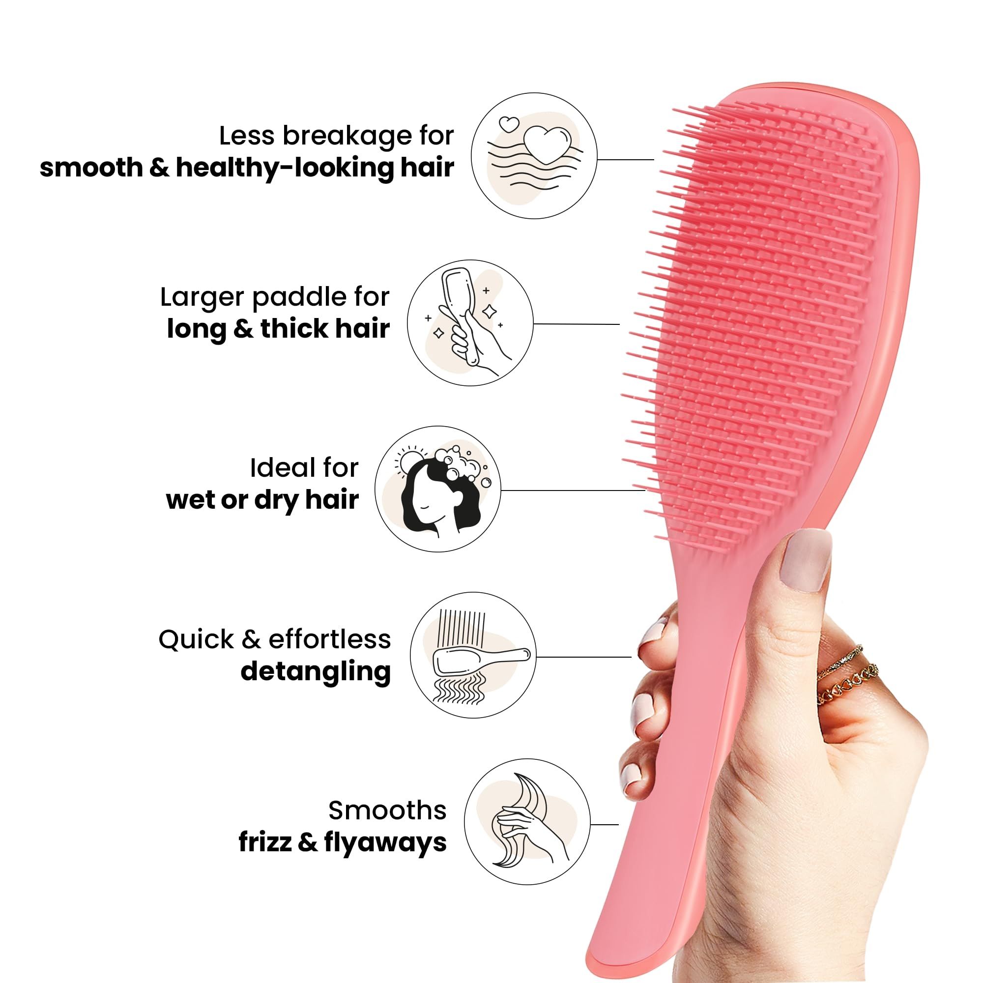 Spazzola rosa con testo. Caratteristiche: Meno rottura, paletta più grande, ideale per capelli bagnati o asciutti, districamento rapido.