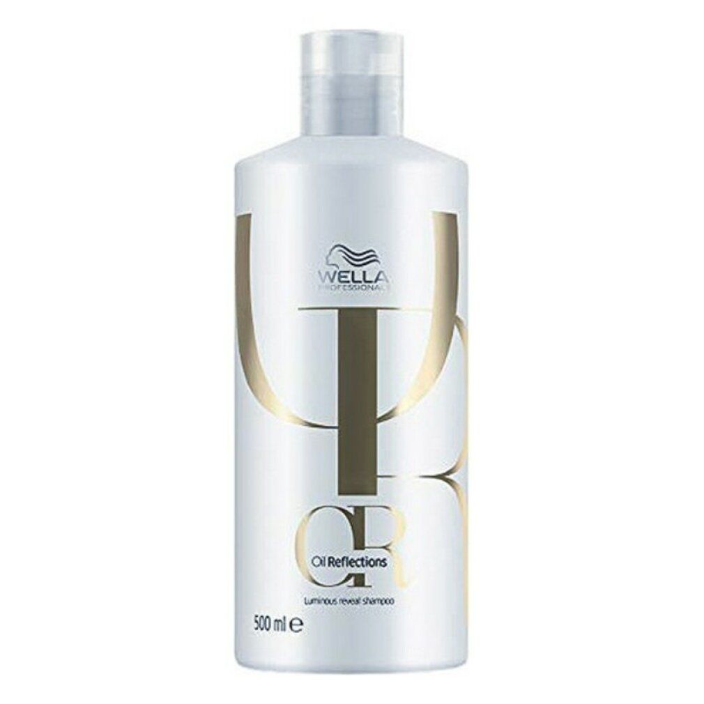 Flacone di shampoo bianco con logo e scritta dorati. Scritta: Oil Reflections.