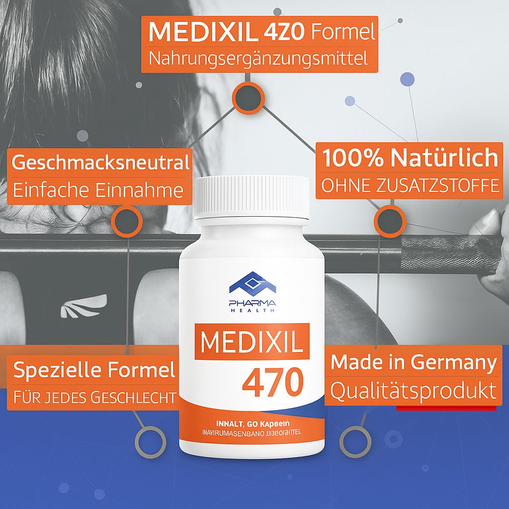 Flacone bianco con capsule, MEDIXIL 470. Logo Pharma Health. Testo: Integratore alimentare, 100% naturale, Made in Germany.