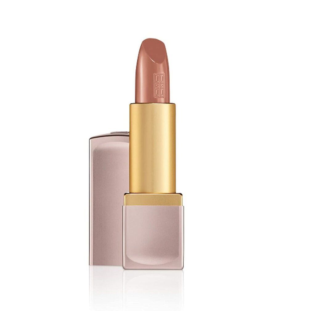 Rossetto aperto. Rossetto dorato con custodia rosa. La punta del rossetto è marrone chiaro. Il nome del marchio è inciso sul rossetto.