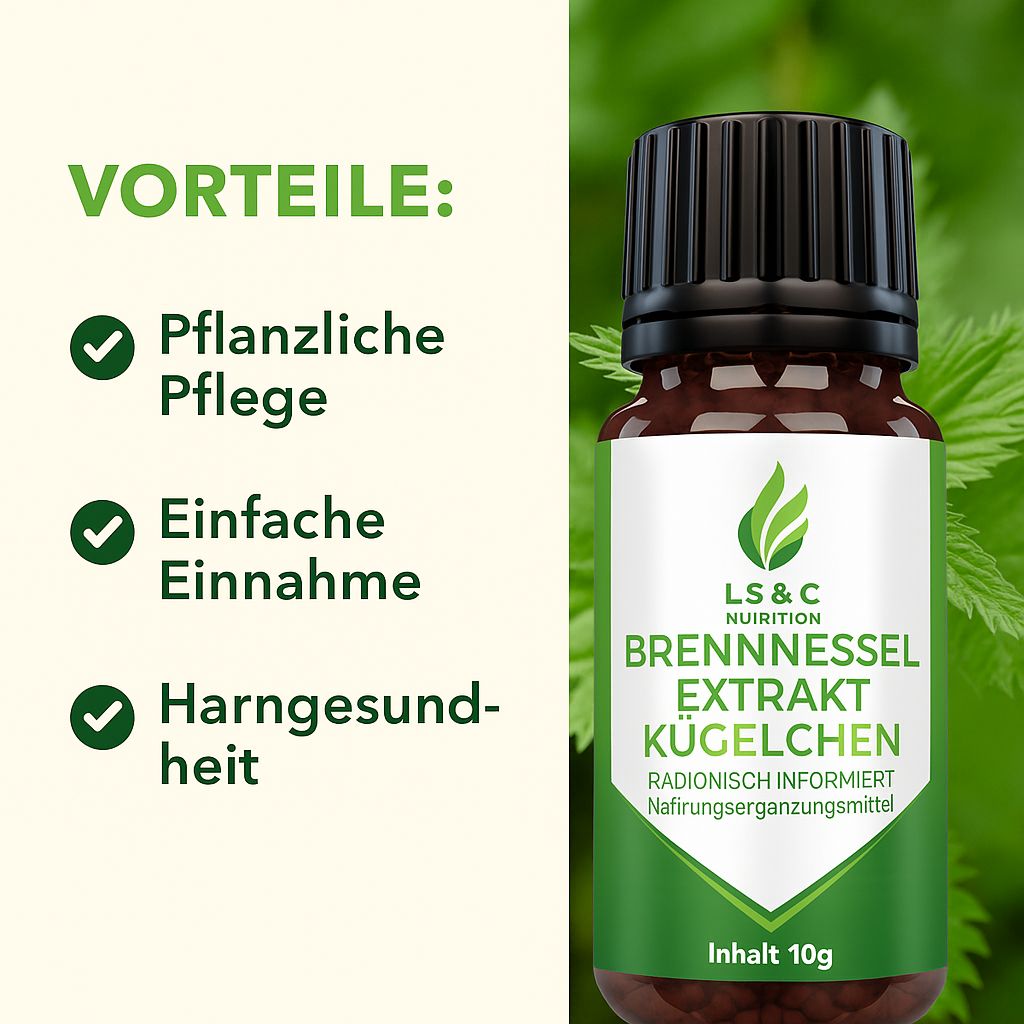 Flacone marrone con tappo nero. Etichetta bianca e verde con testo: Brennnessel Extrakt Kügelchen. Vantaggi: Cura vegetale, facile assunzione, salute urinaria.