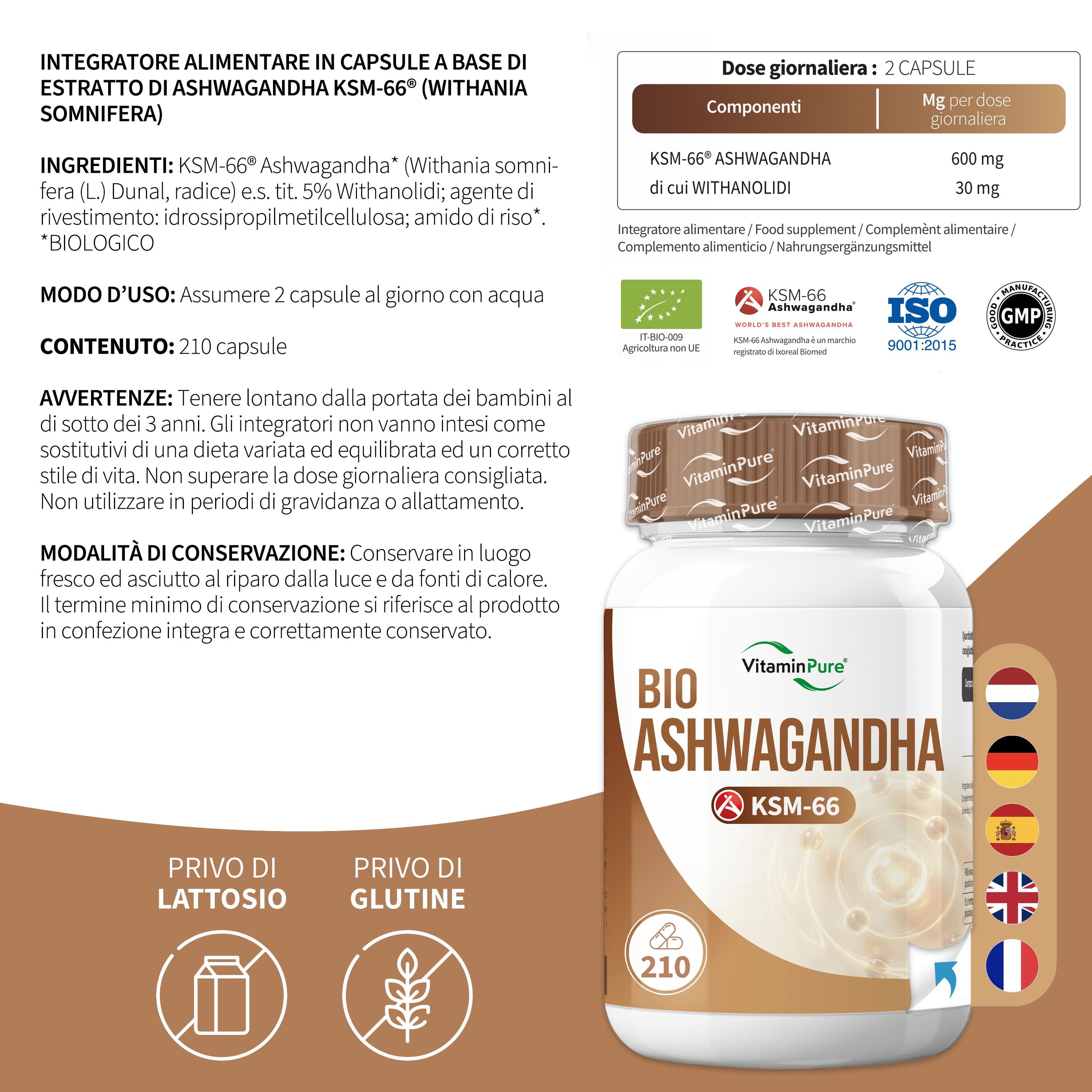 Flacone BIO Ashwagandha KSM-66, 210 capsule. Senza lattosio, glutine, OGM, stearato.
