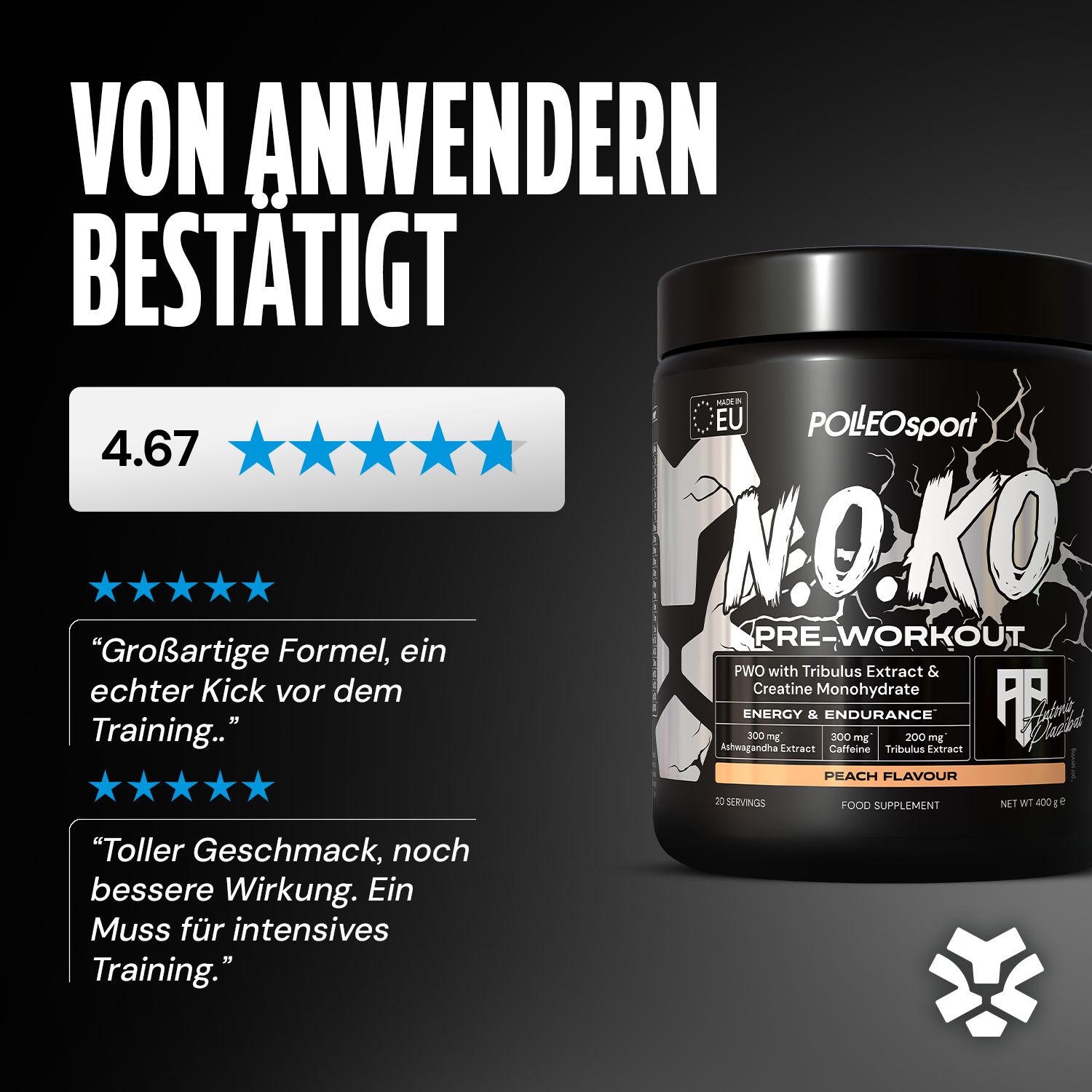 Barattolo N.O.KO Pre-Workout. Valutazione 4.67 stelle. Testo: Ottima formula, buon gusto. Gusto: Peach Flavour. 30 porzioni.