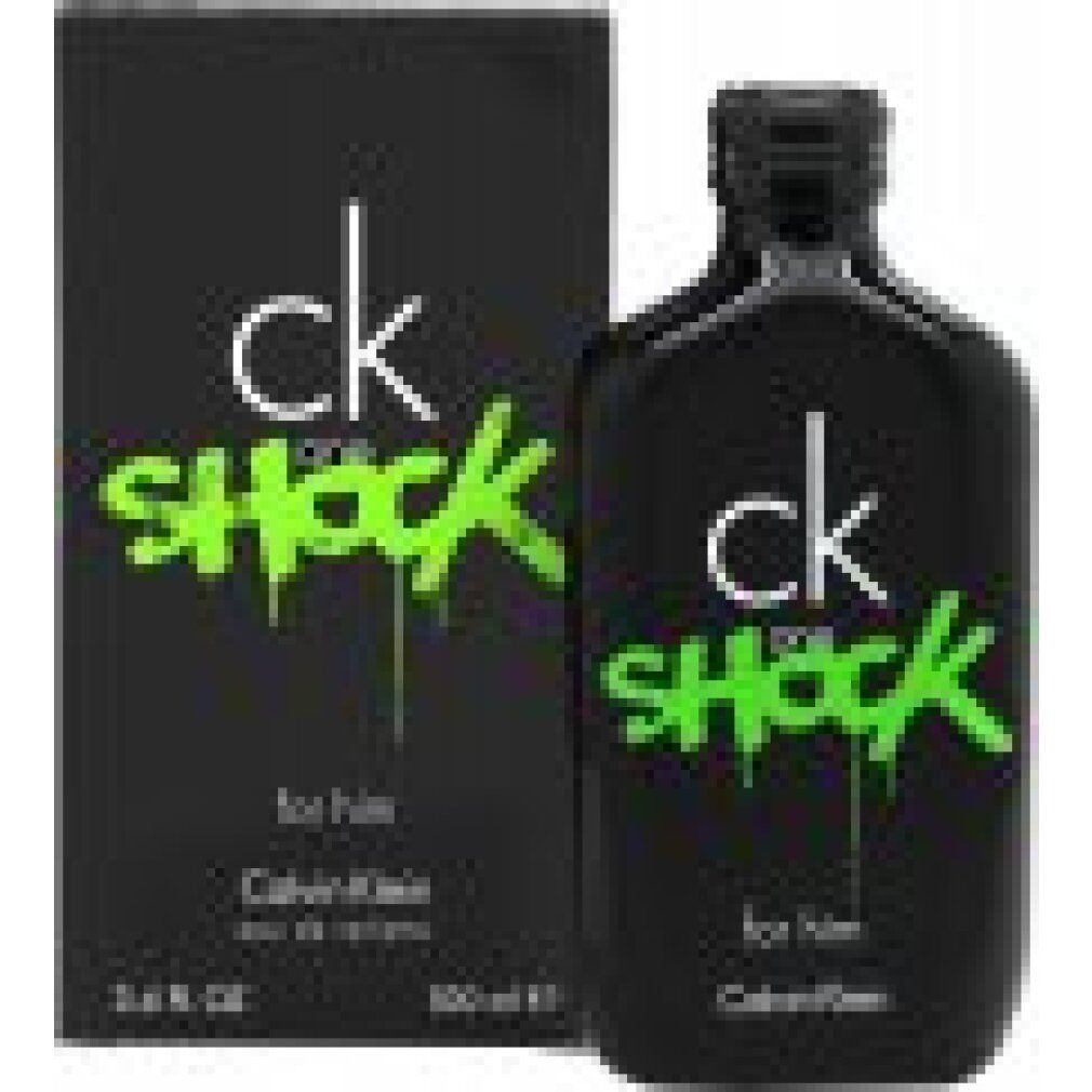 Flacone e confezione neri con scritta verde "ck one SHOCK". Visibili anche "Calvin Klein" e "for him".