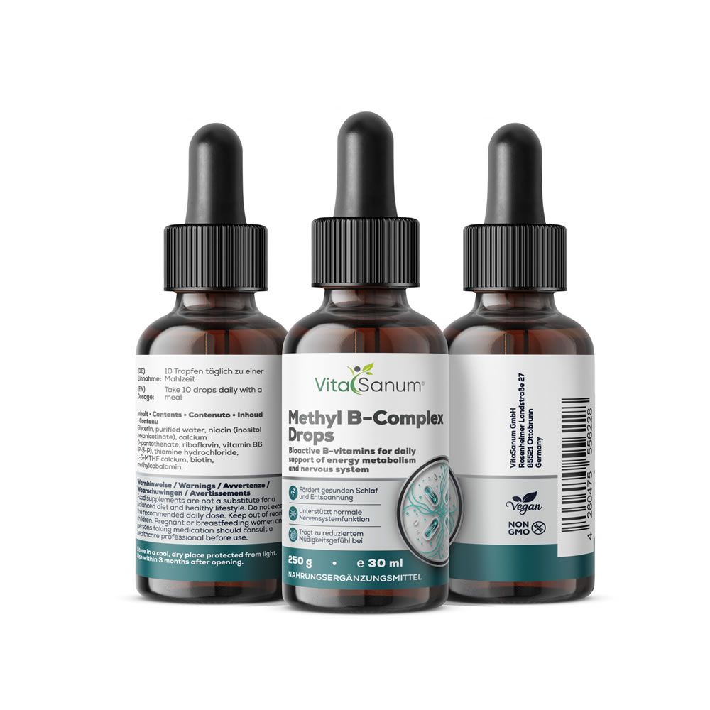 Tre flaconi in vetro marrone con contagocce, VitaSanum Methyl B-Complex Drops, 30 ml.