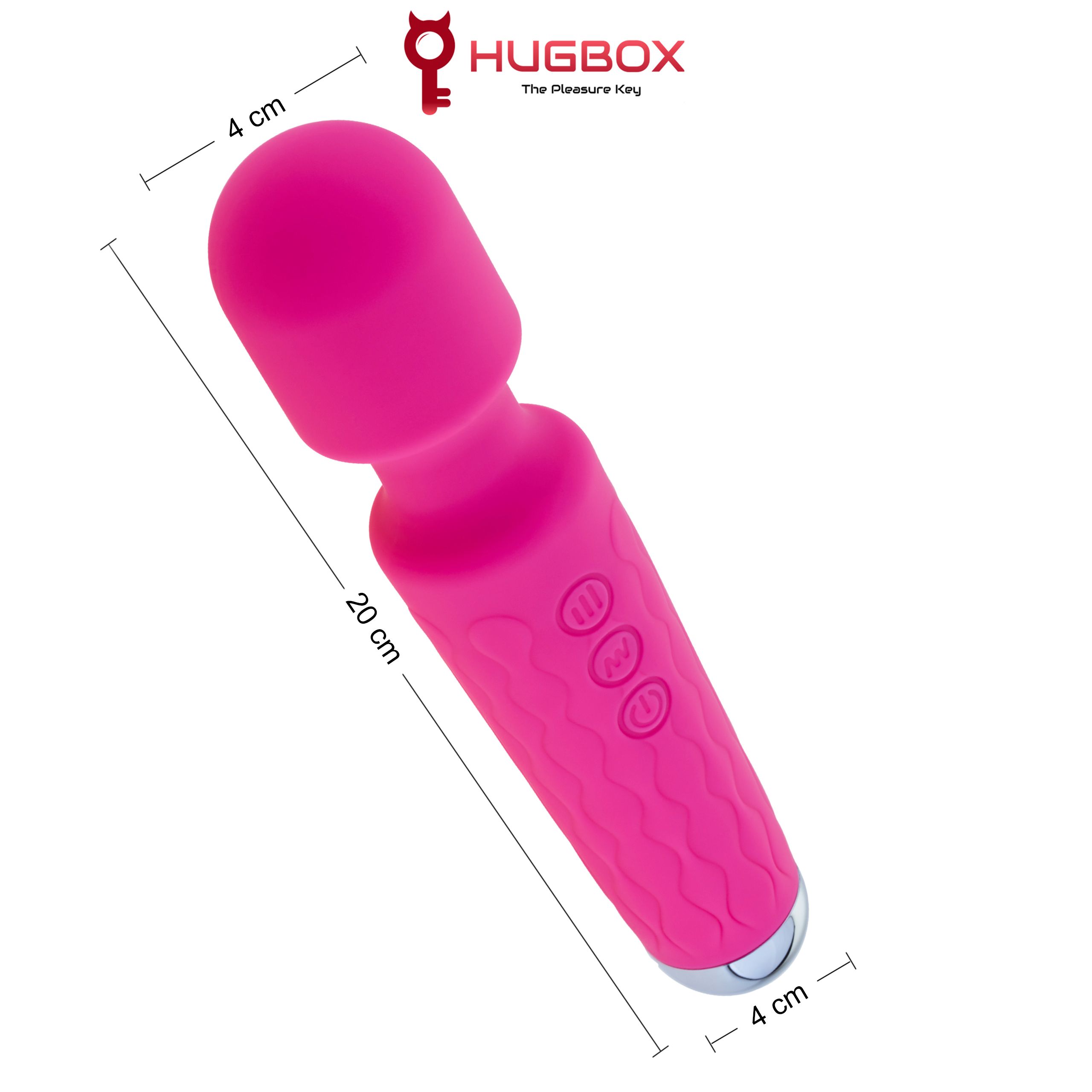 Vibratore rosa con texture ondulata sull'impugnatura. Punta argentata. Dimensioni: 20 cm lungo, 4 cm largo. Logo HUGBOX.