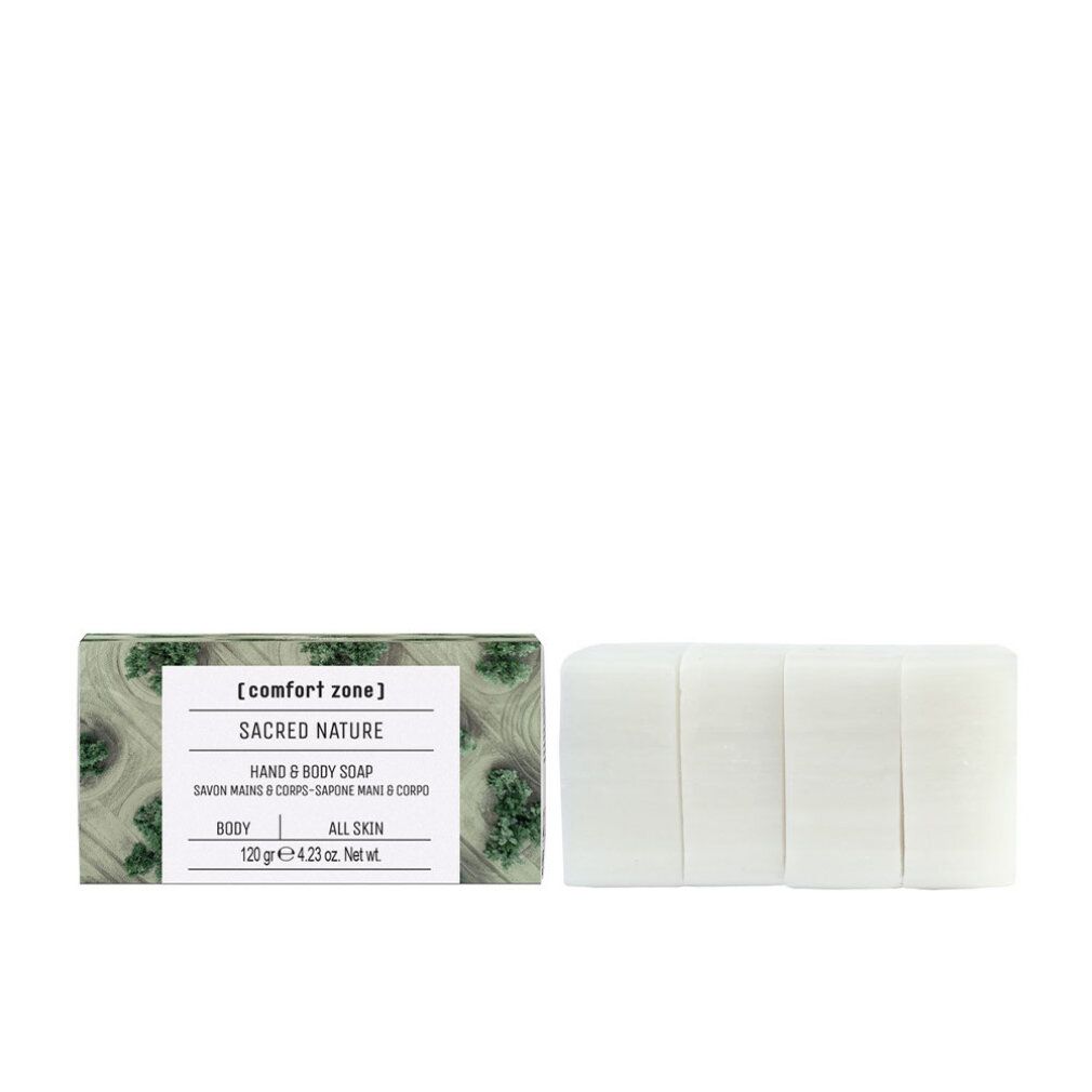 Sapone e confezione. Confezione con testo: Sacred Nature, Hand & Body Soap. Strisce di sapone.