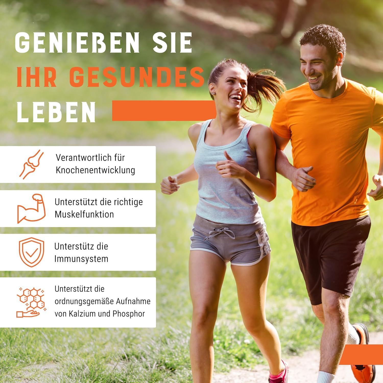 Due persone fanno jogging all'aperto. Testo: Sviluppo osseo, funzione muscolare, sistema immunitario, assorbimento calcio e fosforo.
