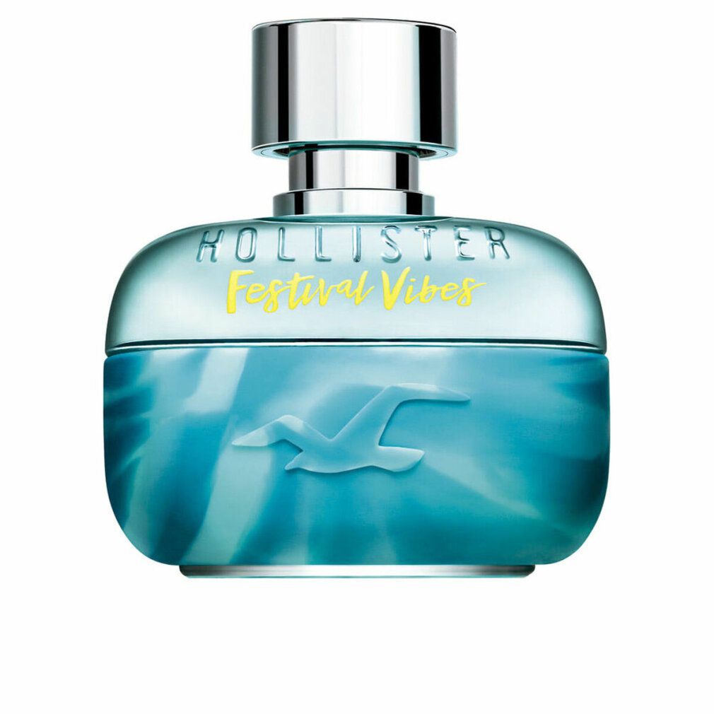 Flacone Hollister Festival Vibes Him. Blu turchese, tappo argento. Logo e testo giallo. Forma arrotondata, logo uccello in rilievo.