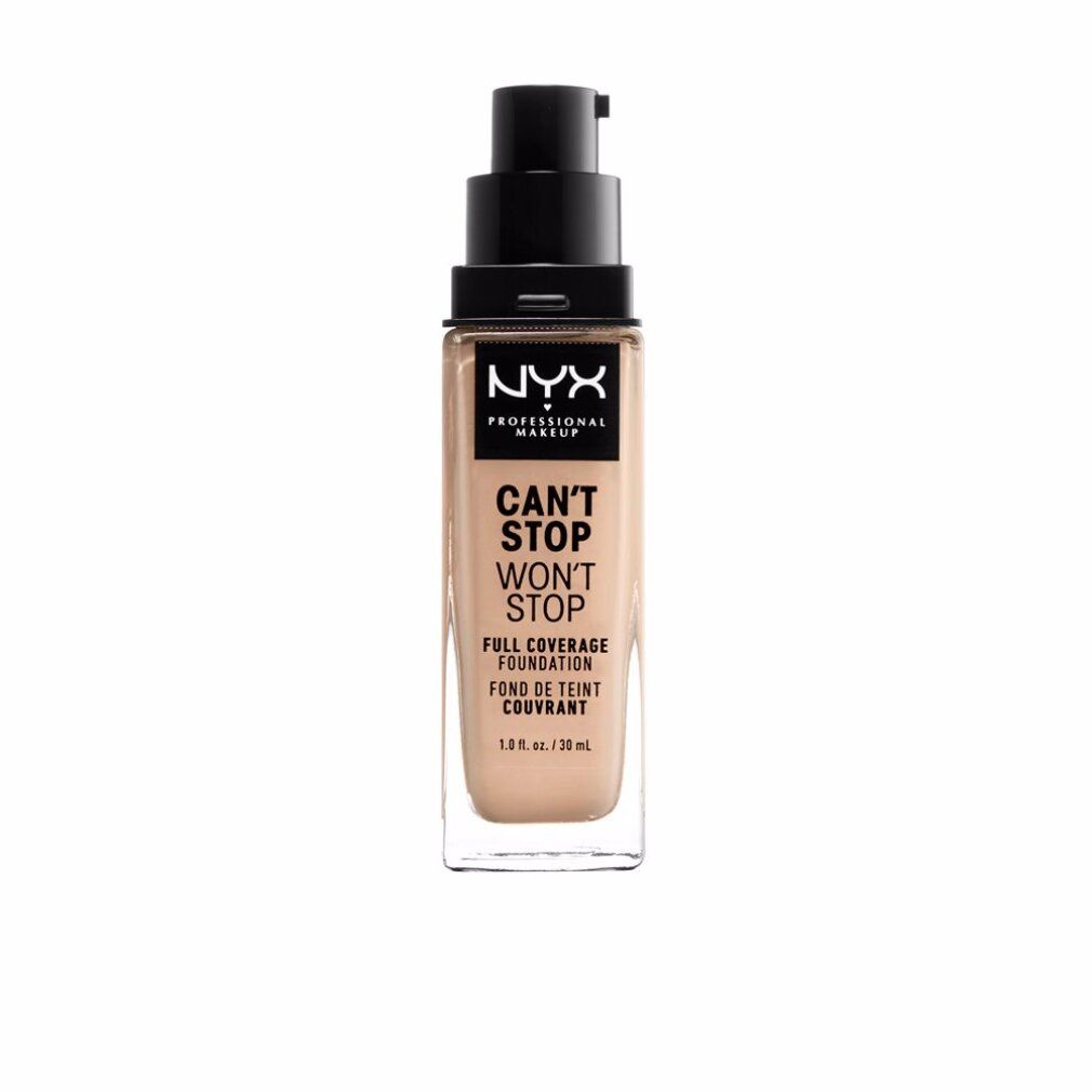 Fondotinta NYX Can't Stop Won't Stop in flacone di vetro con erogatore.