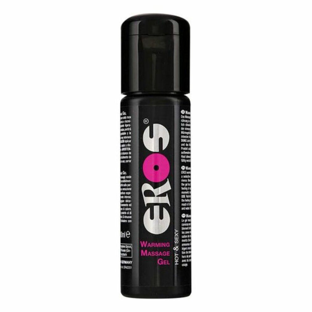 Flacone nero con logo "EROS" e testo. Visibili "Warming Massage Gel" e "Hot & Sexy". Etichetta prodotto con testo.