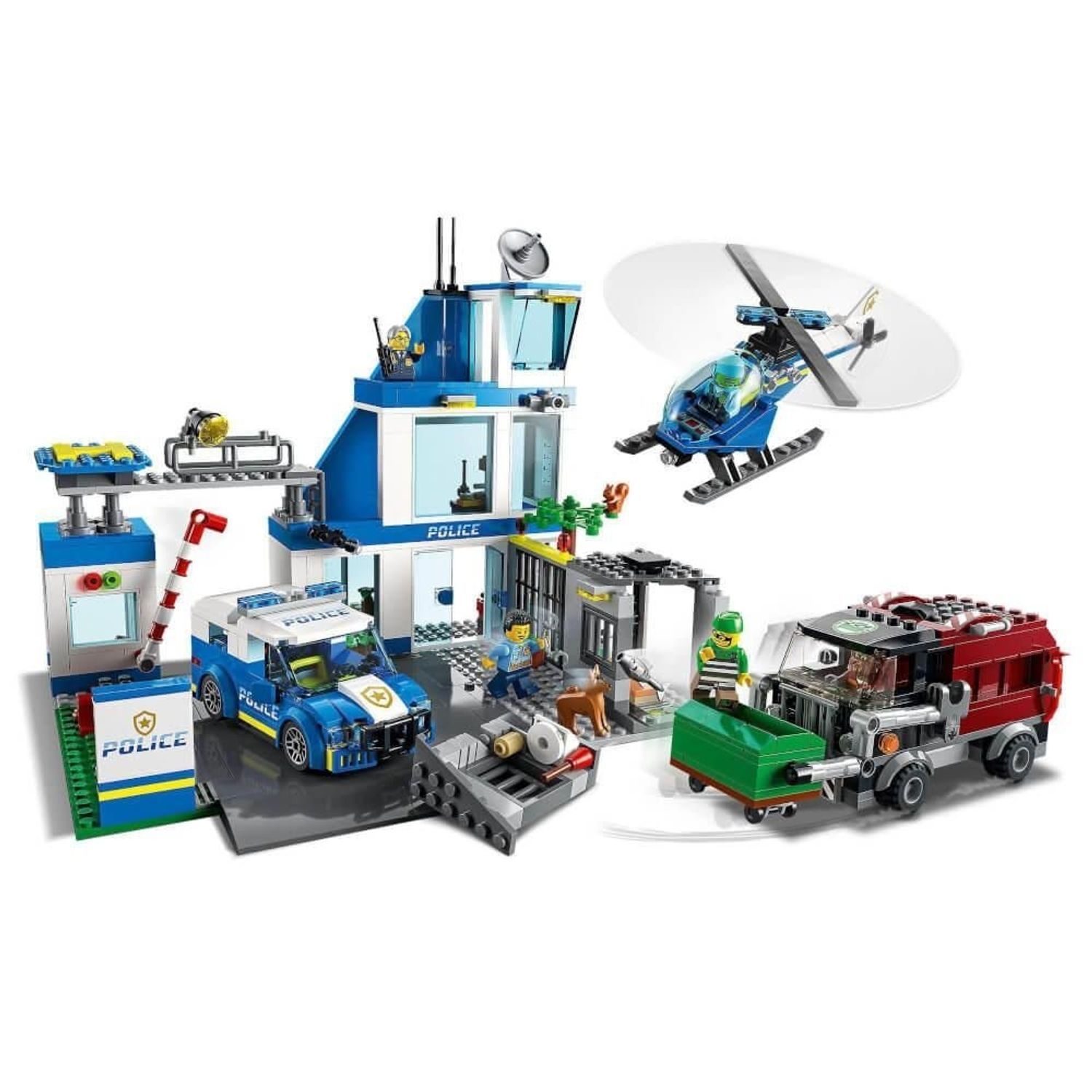 LEGO City stazione di polizia con veicoli e personaggi. Stazione di polizia, elicottero, camion della spazzatura e auto della polizia. Personaggi e accessori.