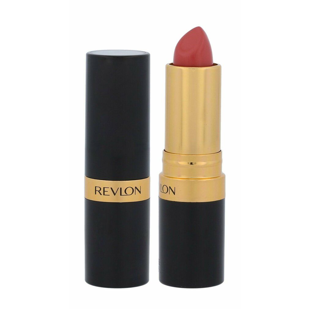 Rossetto rosa con cappuccio nero. Tubo nero con parte centrale dorata. Scritta REVLON sul tubo.