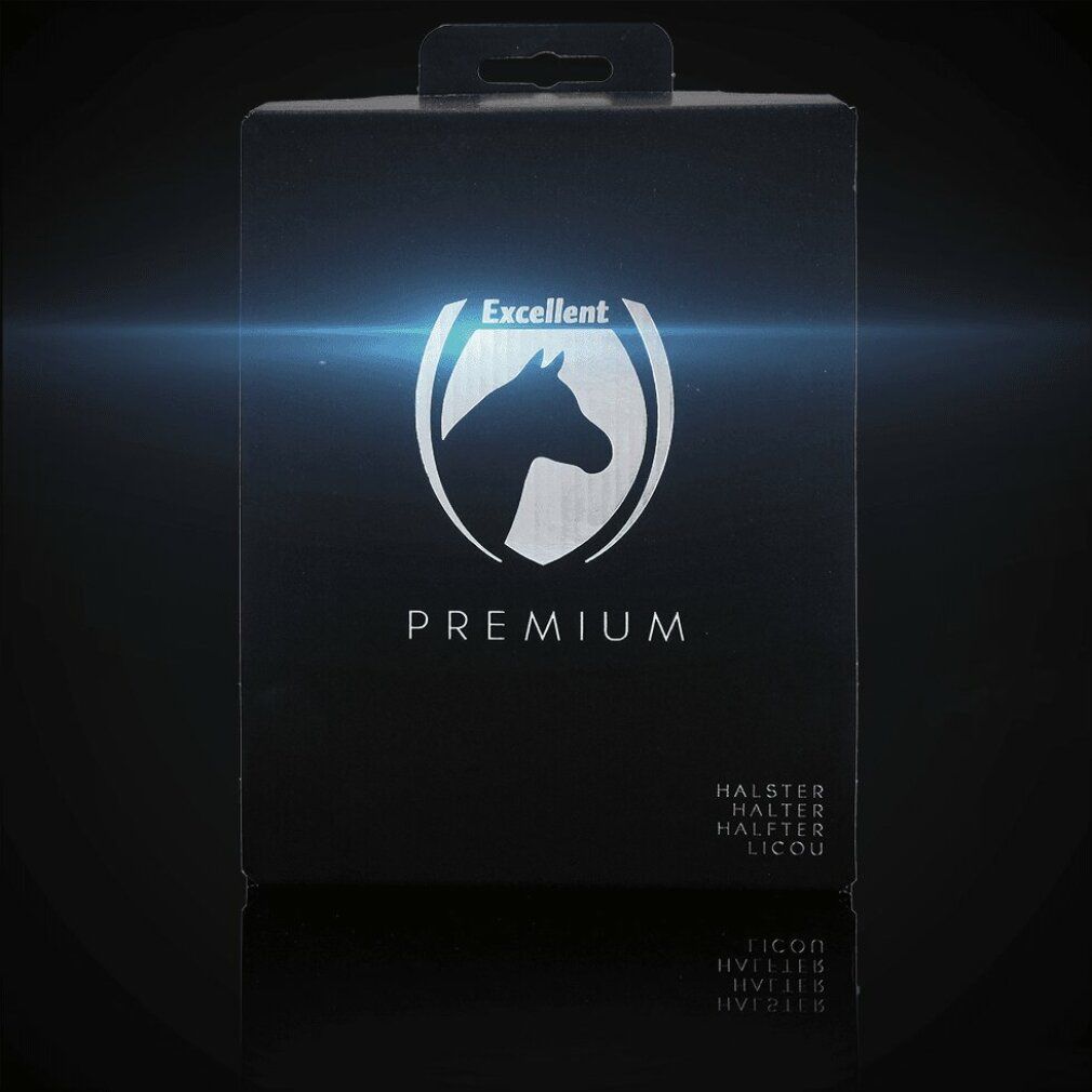 Scatola nera con logo. Scritta: Excellent Premium. Testo: Halfter, Halter, Halfter, Licou.