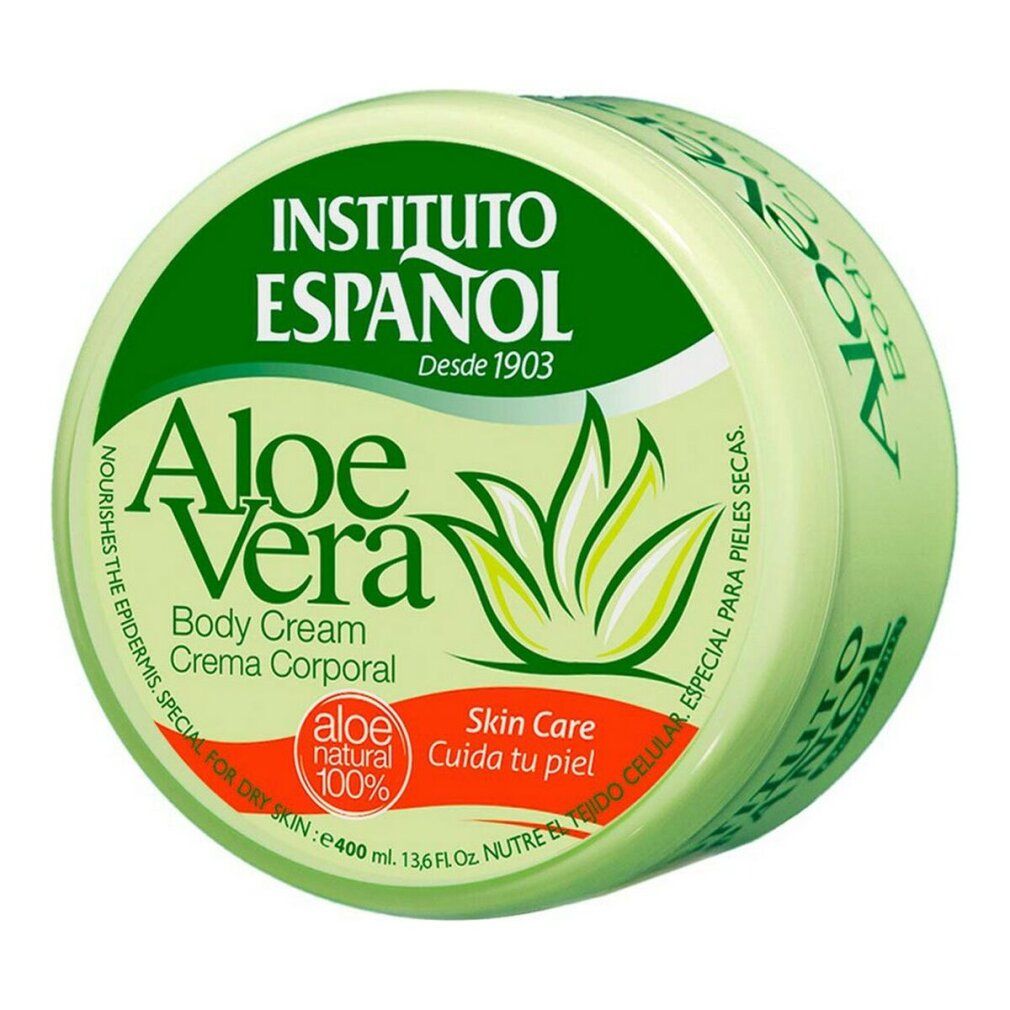Barattolo rotondo verde. Scritta: Aloe Vera, Instituto Español, Body Cream. Per pelli secche.