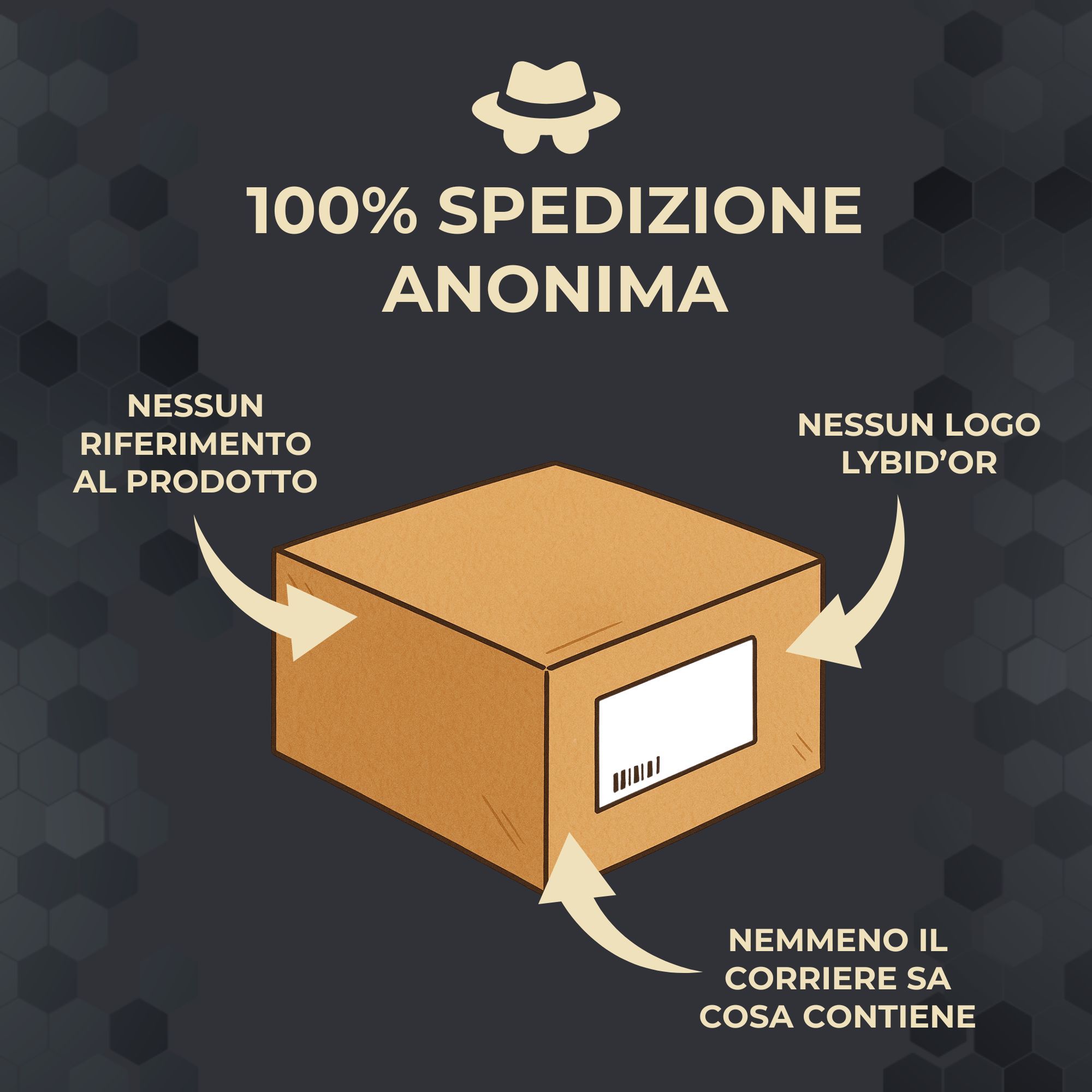 Scatola di spedizione marrone con etichetta bianca e codice a barre. Frecce indicano la scatola, segnalando spedizione anonima.